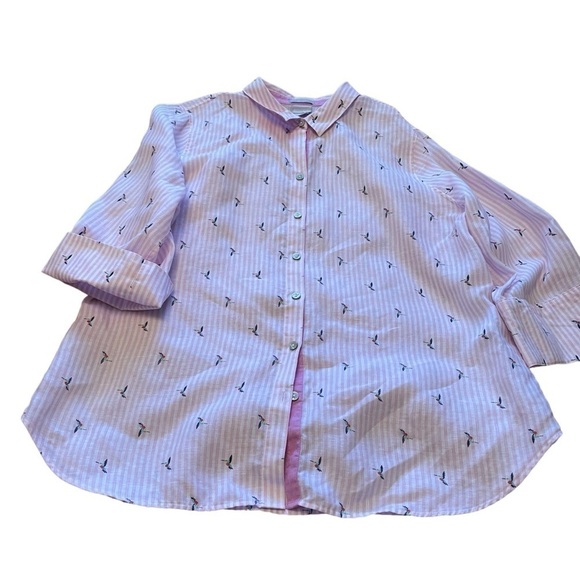 Chico's Linen Pink White Stripe Hummingbird 3/4 Sleeve Button Down Size 2/Large - Picture 7 of 13
